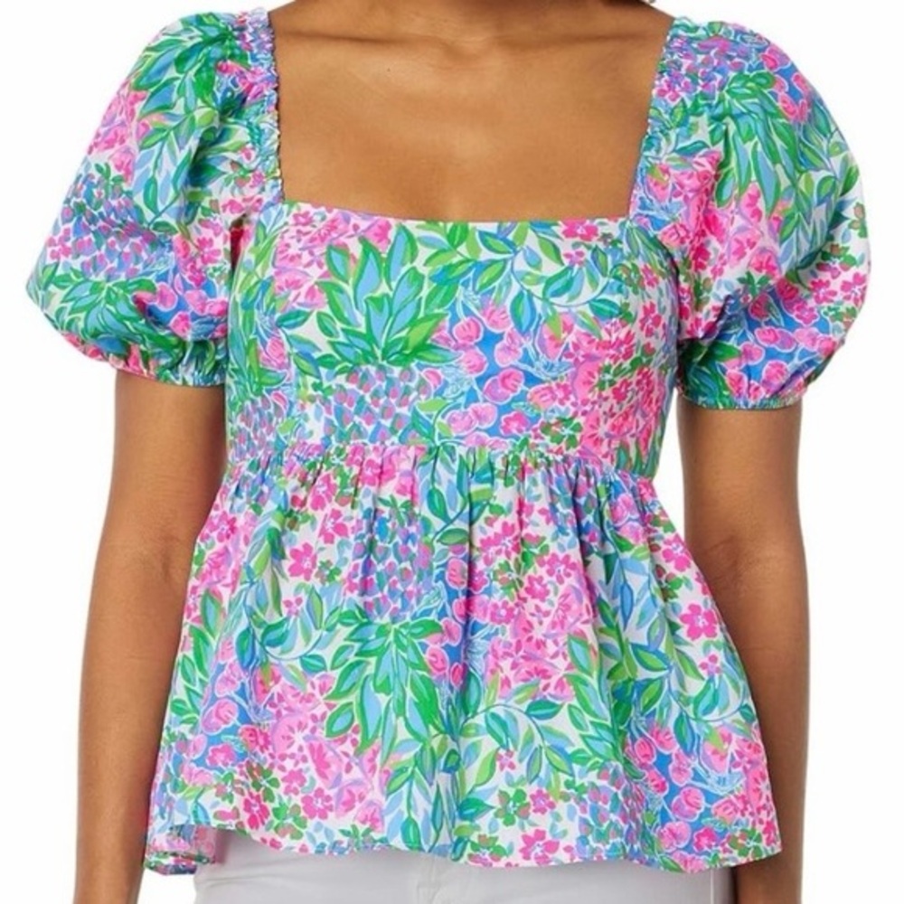 Lilly‎ Pulitzer Kay Short Sleeve Cotton Top A Cherry on Top Puff Sleeves NWT 14